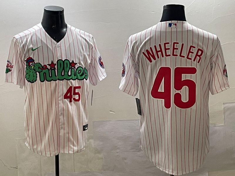 Men Philadelphia Phillies #45 Wheeler White Stripe Three generations Joint Name Game 2025 Nike MLB Jersey style 4